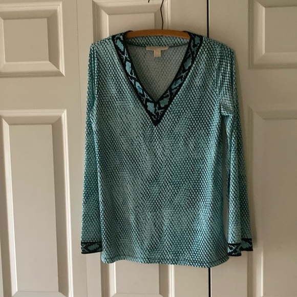 Michael Kors women’s v-neck top small blu green black print - Picture 1 of 8